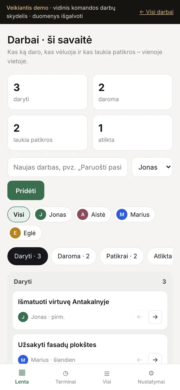 Komandos darbų skydelis – telefone