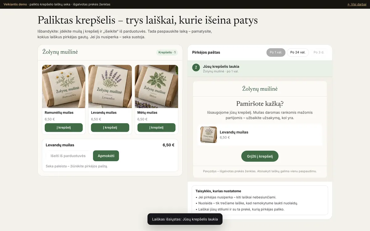 Palikto krepšelio laiškų seka – gyvas pavyzdys – kompiuteryje