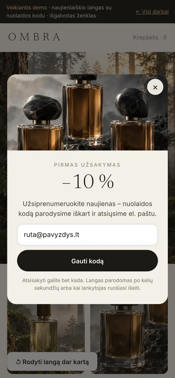 Naujienlaiškio langas su nuolaidos kodu – telefone