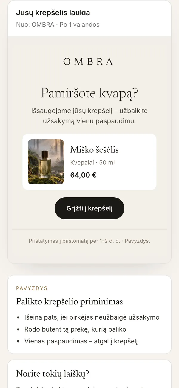 OMBRA – automatinių laiškų seka – ekranas telefone