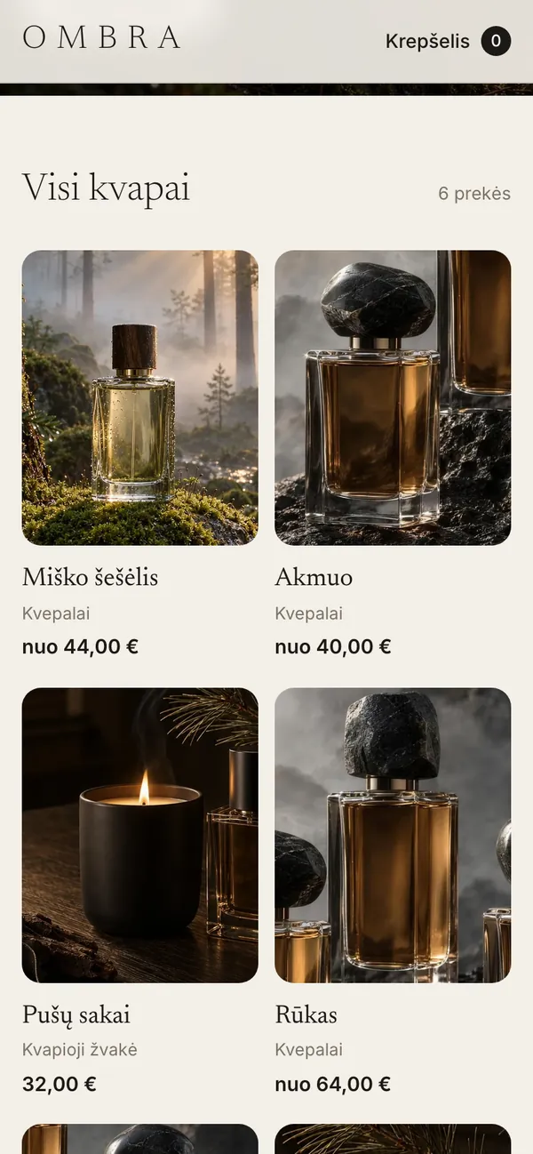 OMBRA – kvapų el. parduotuvė – ekranas telefone