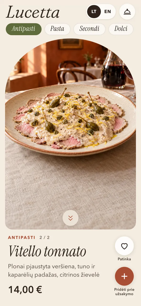 Lucetta – itališkas meniu – ekranas telefone
