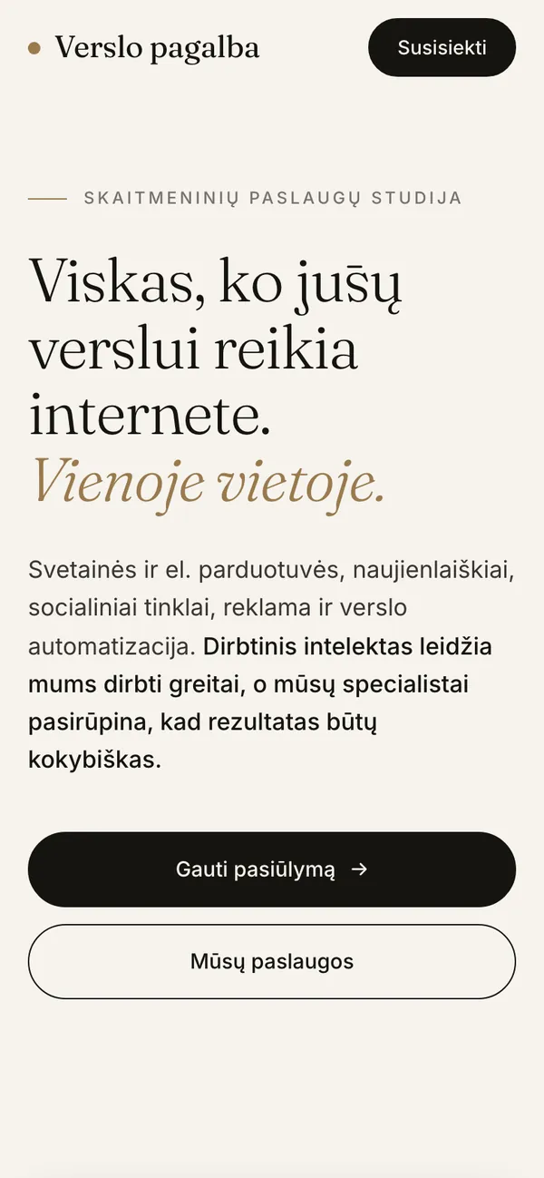 Verslo pagalba – mūsų pačių svetainė – ekranas telefone